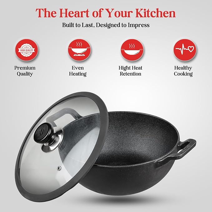 Vinod Legacy Pre Seasoned Cast Iron Kadai with Glass Lid - 2.4 Litre, 22 cm | Naturally Non Stick Kadhai for Cooking