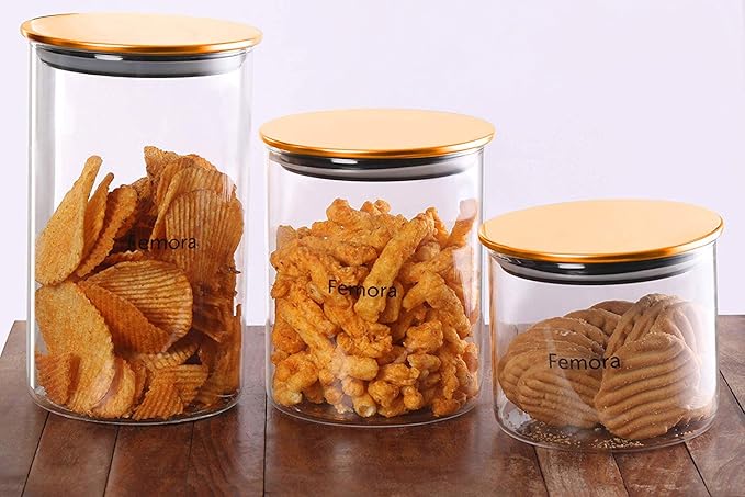 Femora Jar Set Borosilicate Glass Jar With Golden Metallic Lid, Jar Set for Kitchen | 350 Ml | 600 Ml | 900 Ml | Set of 3