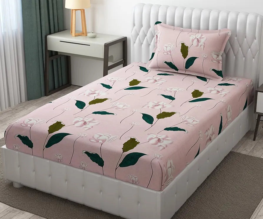 Fresh From Loom Single Bedsheet for Single Bed Floral Design Bed Spread with 1 Pillow Covers Multicolor 144 TC Flamingo
