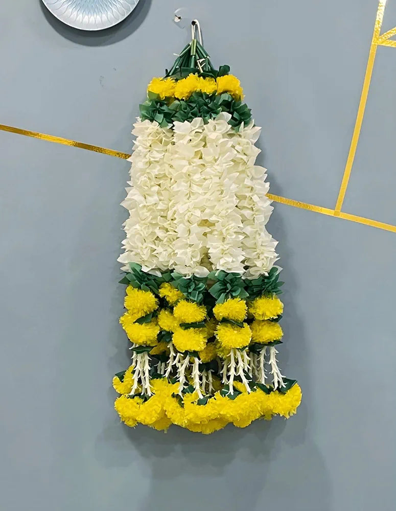 Handmade Artificial Jasmine Gajra Toran Marigold Garland Rajnigandha Tassels with Bells Traditional Decor for Diwali/Wedding/Festivals