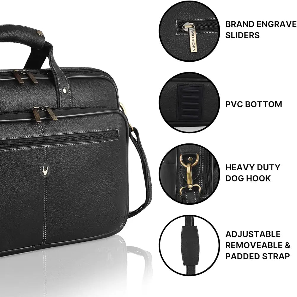 WildHorn Leather 15 inch Laptop Bag for Men I Padded Laptop Compartment I Carry Handles with Adjustable Strap