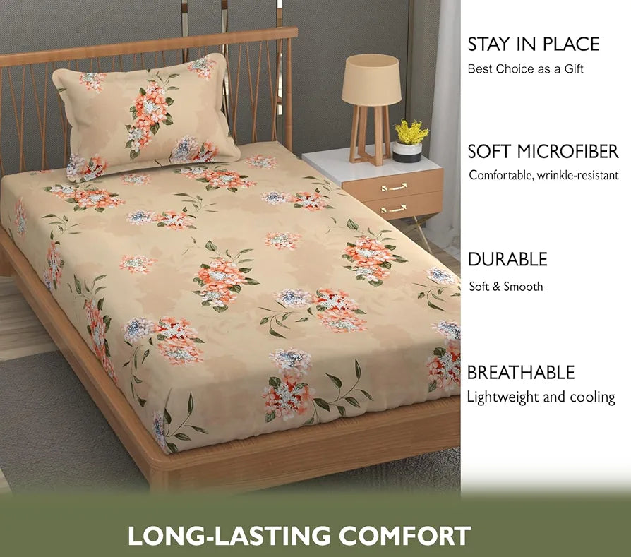 Fresh From Loom Hypoallergenic Floral Print Single Bed Bedsheet with 1 Pillow Covers 240 TC Beige-Floral