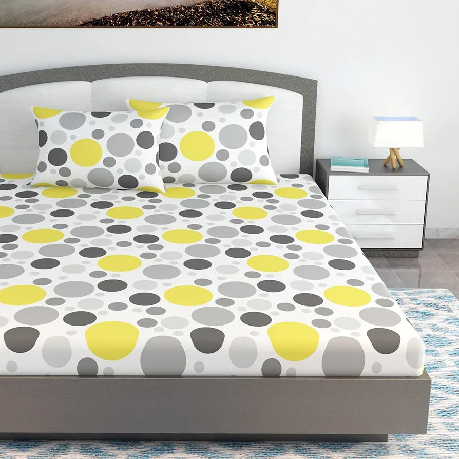 Divine Casa 144 TC 100% Cotton King Bedsheet with 2 Pillow Covers Geometric Pattern Colour Grey & Yellow