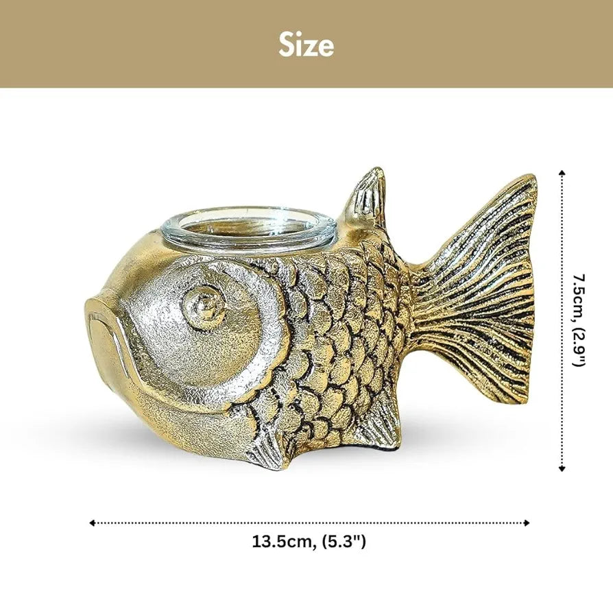 BEHOMA Metal Fish Aluminum Figurine with Votive Good Luck and Success | Candle Holder for Home Decor Tabletop Living Room | Showpiece for Valentine's Day, Birthday, Gold