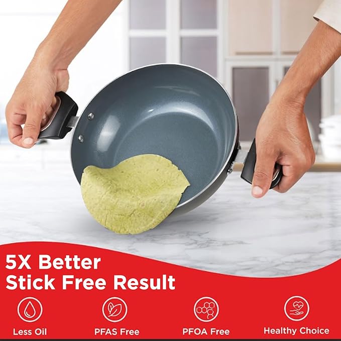 Vinod Zest Ceramica Kadai with Glass Lid - 2.5 Litre (24 cm) | Natural Stick Free Deep Kadhai | Stylish Handle