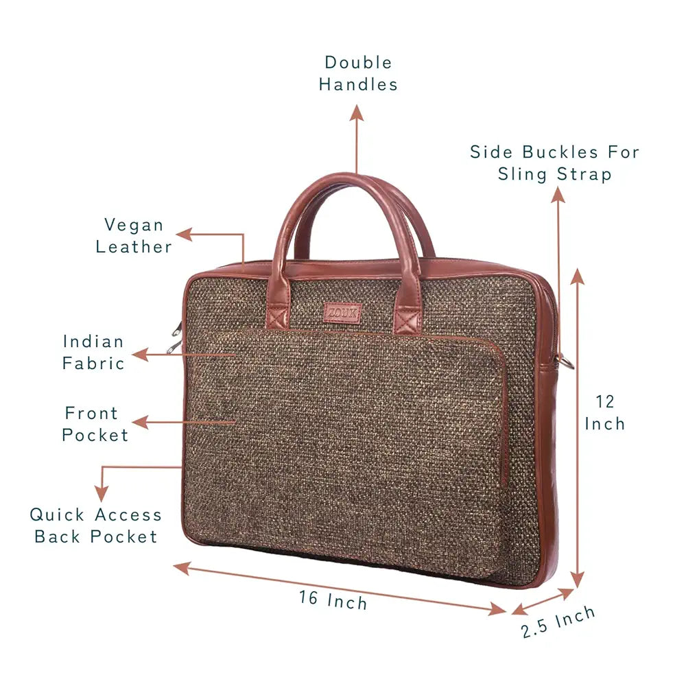 Zouk Laptop Bag for Women Ideal Jute & Vegan Leather Office Bags for Ladies