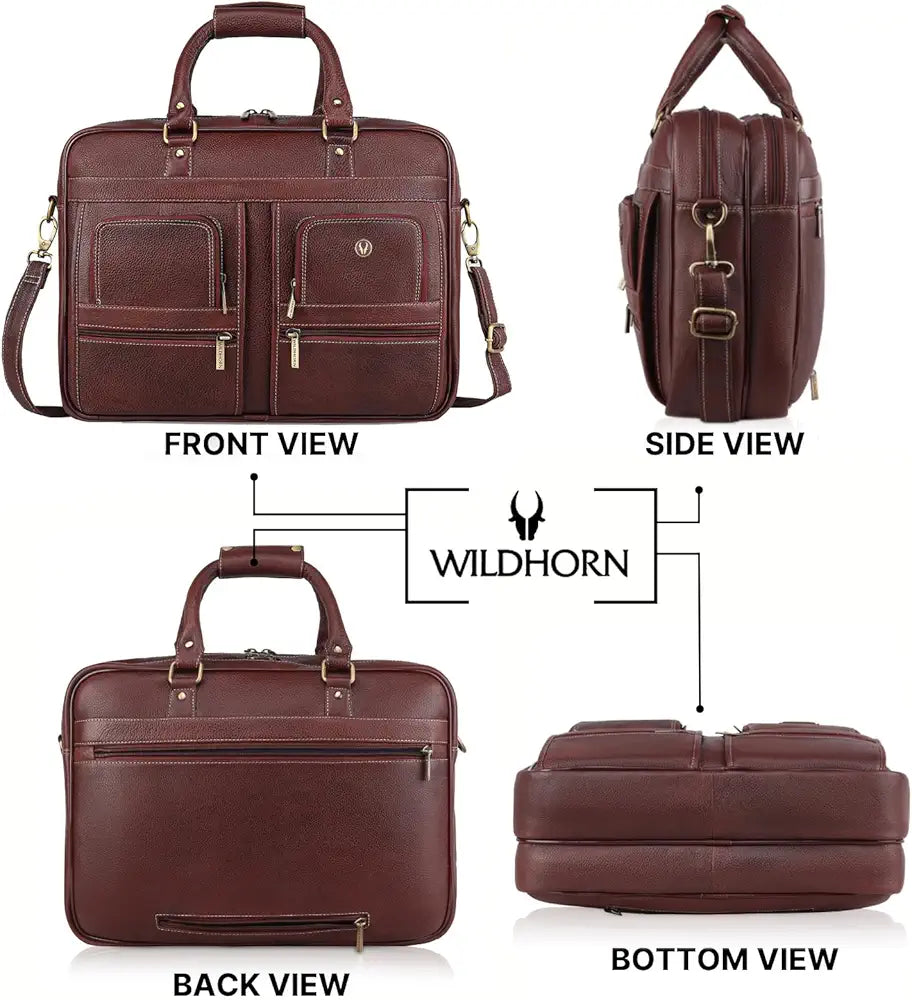 WildHorn Leather 15.6 inch Laptop Messenger Bag for Men I Multi- Pockets I Extra Storage I Carry Handles I Adjustable Strap