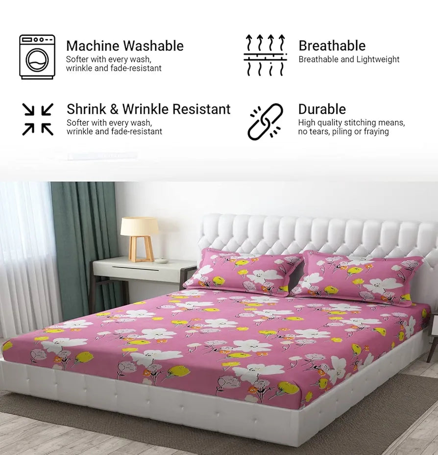Fresh From Loom Floral Design Bed Spread With Pillow Covers Hypo-Allergenic Microfiber King Bedsheet For Double Bed Wrinkle Free Bedsheets Bedcover 144 TC Punch Pink