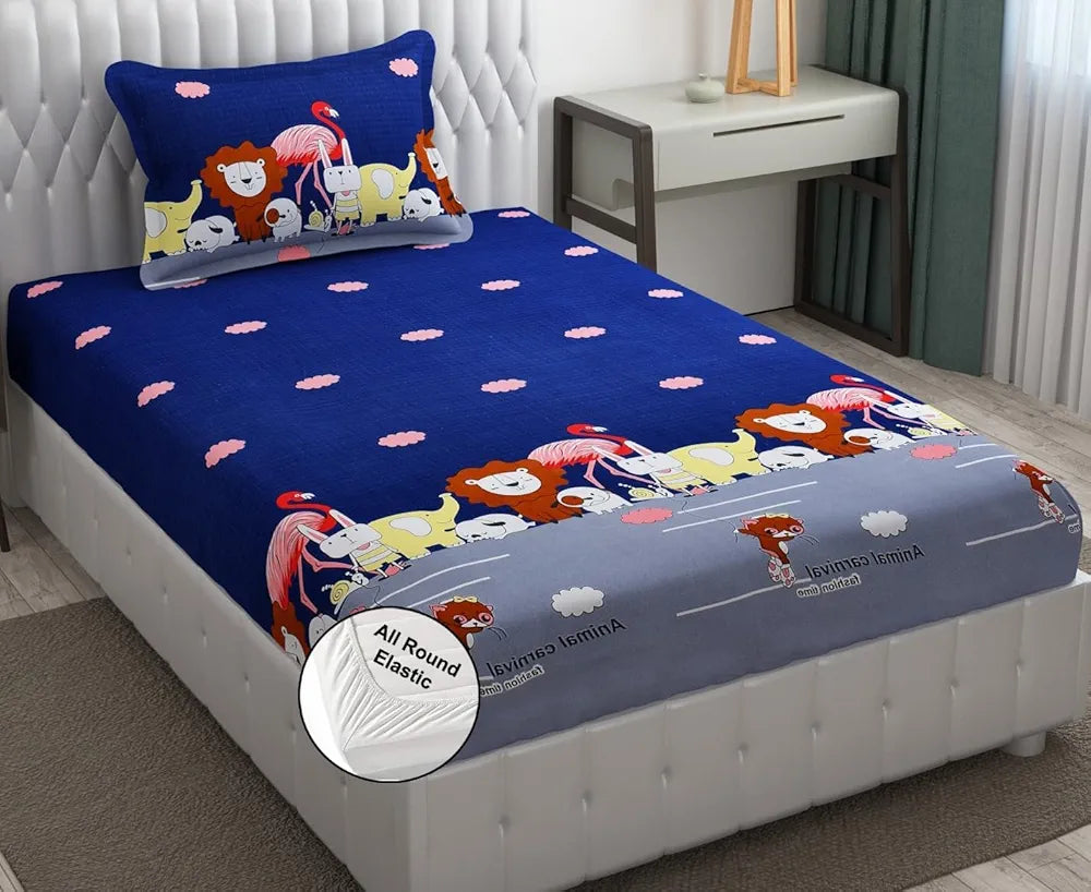 Fresh From Loom Glace Cotton 300 tc Wrinkle Free Soft Hypoallergenic Elastic Fitted Cartoon Printed Bedsheets For Kids With 1 Pillow Jungle Blue Smallsingle