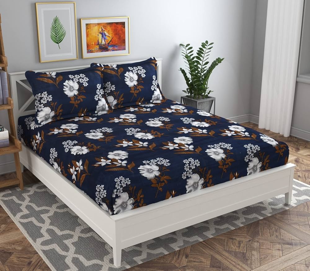 BSB HOME Premium Double Bedsheet with 2 Pillow Covers 160 TC 3 Pcs Set Blue & Brown