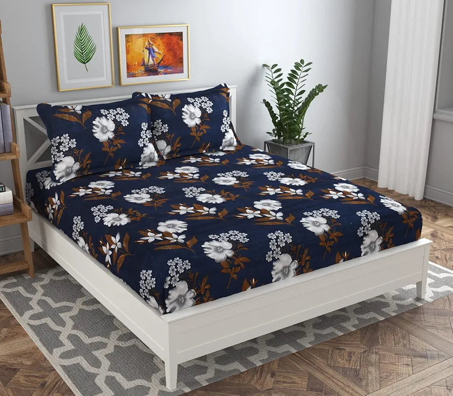 BSB HOME Prime Collections 160tc Pure Microfiber Double Bedsheet with 2 King Size Pillow Covers-Blue & Brown