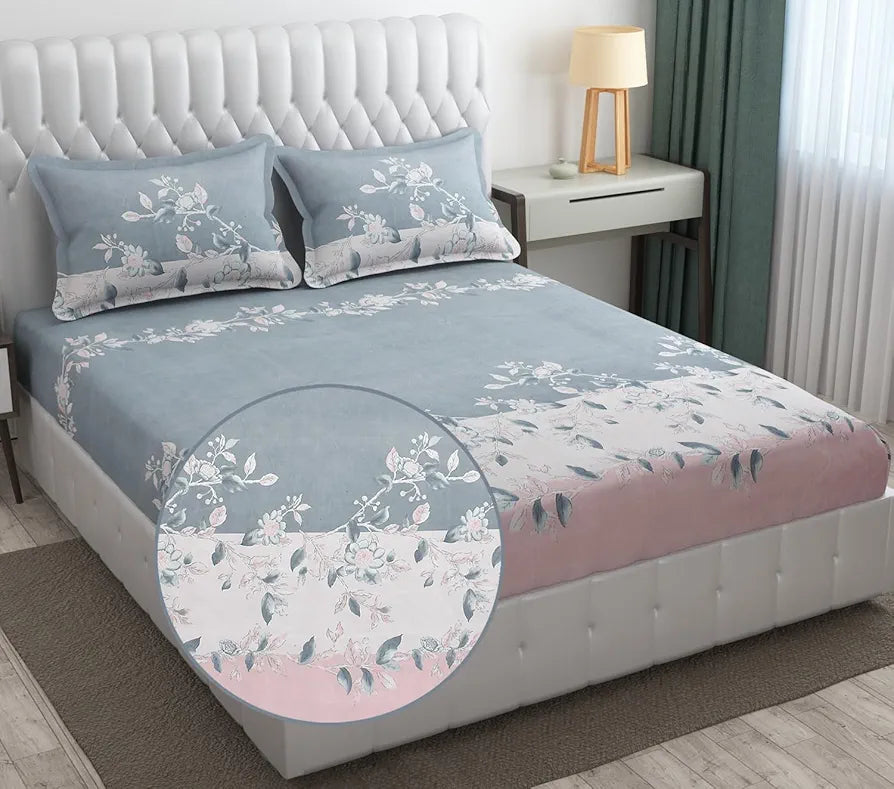Fresh From Loom King Size Floral Print Microfiber Bedsheet Set 240 TC Anti Fade Includes 2 Pillow Cover Astar-Denim