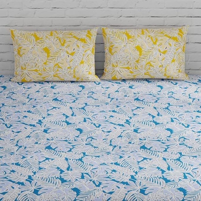 Huesland by Ahmedabad Cotton 144 TC Cotton Bedsheet for Double Bed King Size with 2 Pillow Covers | Blue & Yellow