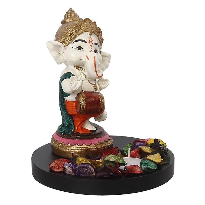 Ecraftindia Colorful Polyresin Lord Ganesha Idol Dancing and Playing Dholak Musical Instrument With Wooden Base
