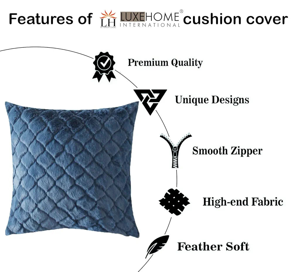 Luxe Home Cushion Cover Duble Side Rabbit Fur Diamond Design Covers Set of 2 Colour Blue