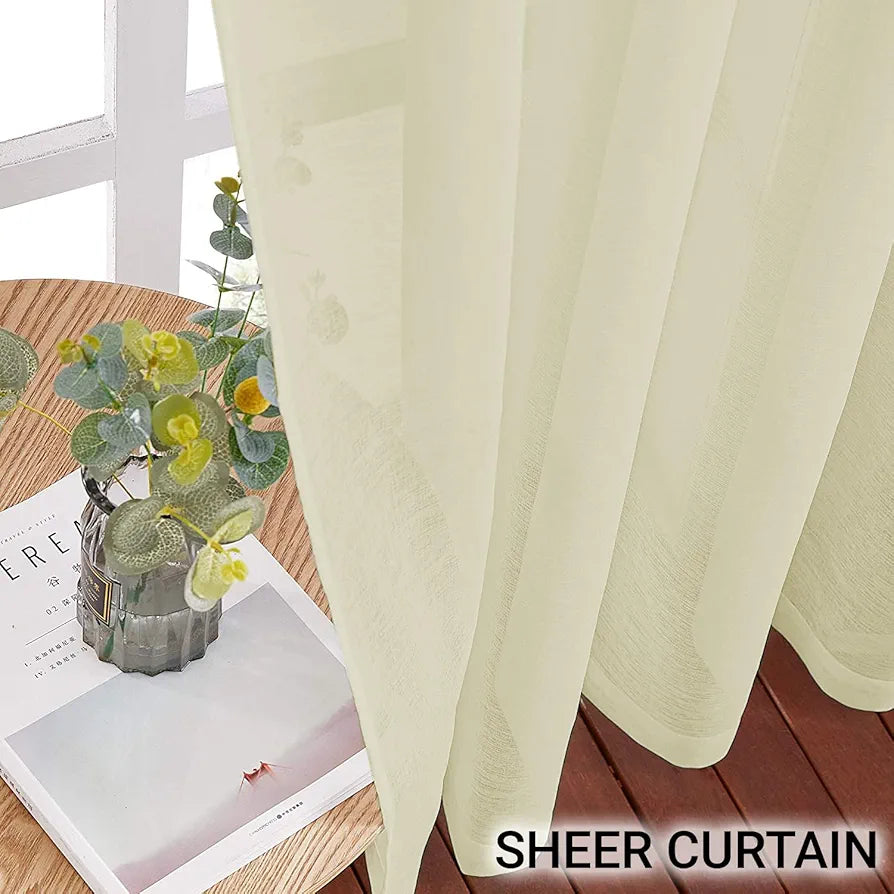 Cloth Fusion Plain Cotton Feel Sheer Window Curtains 5 Feet Long Set of 2 Semi-Transparent Cream