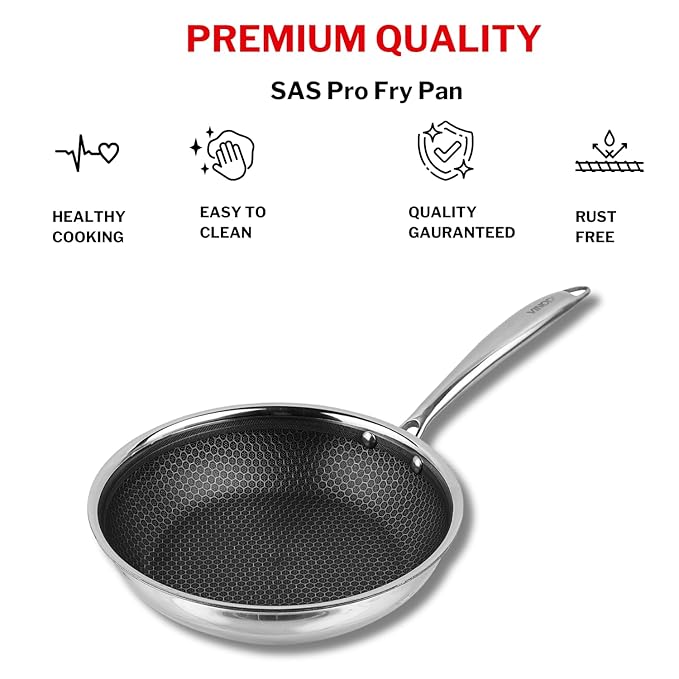 Vinod SAS Pro Platinum Triply Stainless Steel Non Stick Non Stick Frypan - 22 cm | Ceramic Coating | Honeycomb Design | Steel Handle | Induction Base