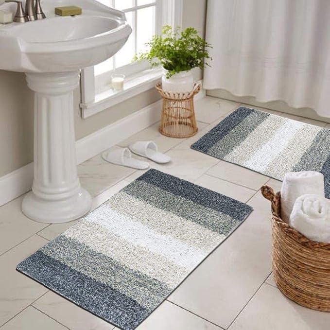 The Home Talk Cotton Stripes Bathmats Water Absorbent Runners Floor Mats Pack of 2 Grey