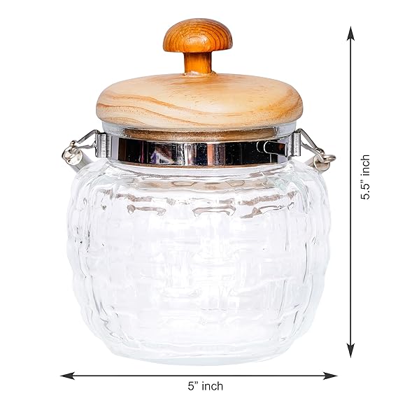 Femora Kitchen Storage Jars Embossed Glass Jar With Wooden Lid & Jute Chain Air Tight Jar | 500 Ml | Pack of 4