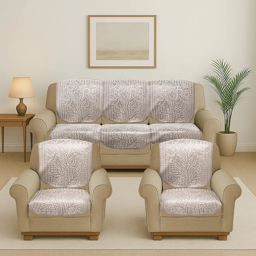 Cloth Fusion Italian Velvet Sofa Cover 5 Seater Set Perfect Floral Embossed Sofa Cover 3 Seater and 2 Seater Rose Beige