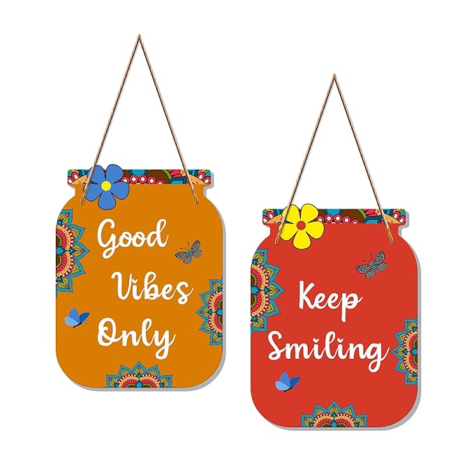 Artvibes Good Vibes Only Quote Decorative Wall Art Mdf Wooden Wall Hanger for Living Room | Set of 2