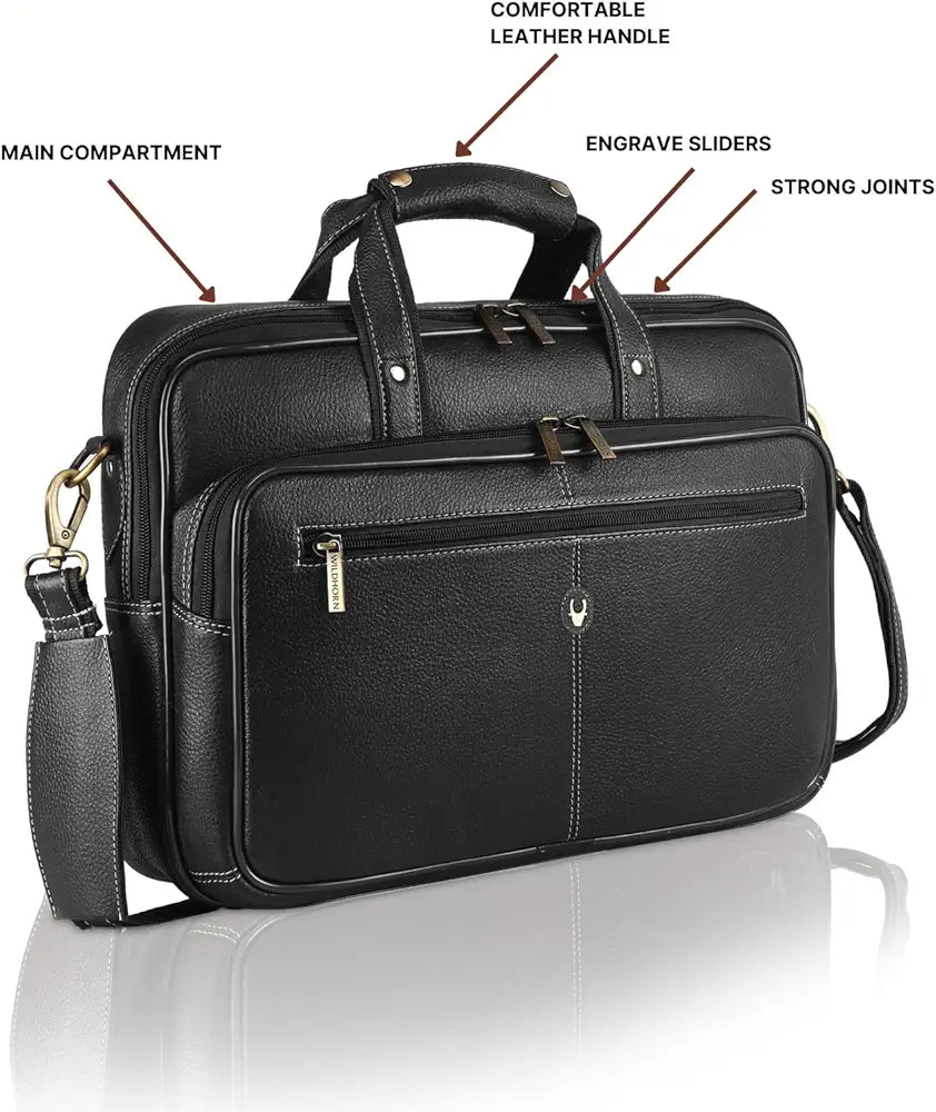 WildHorn Leather 15 inch Laptop Bag for Men I Padded Laptop Compartment I Carry Handles with Adjustable Strap