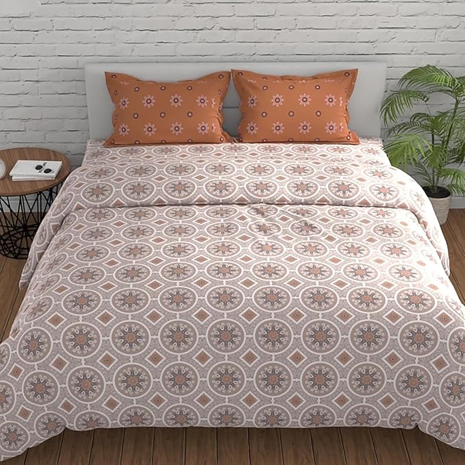 Huesland by Ahmedabad Cotton 144 Tc King Size Bedsheet Cotton With 2 Pillow Covers | Mandala | Orange & Brown