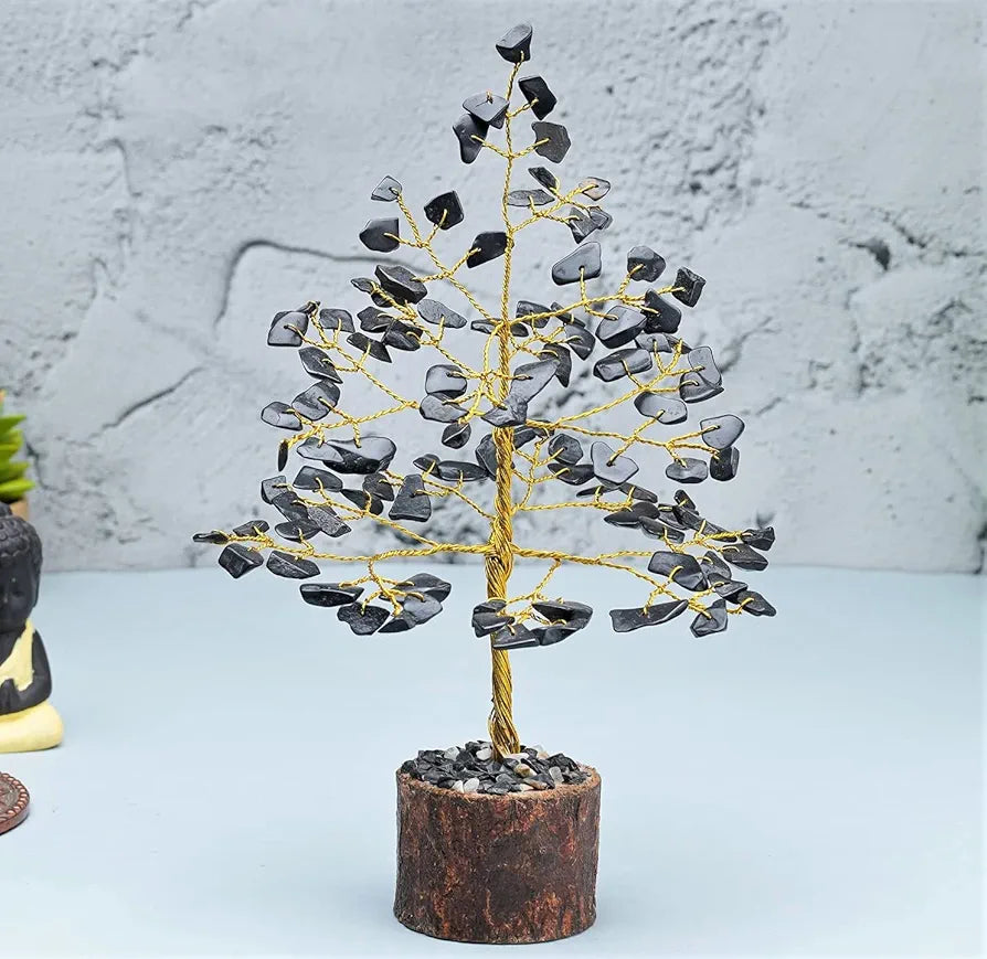 Crocon Black Tourmaline Gemstone Money Tree Feng Shui Bonsai Golden Wire