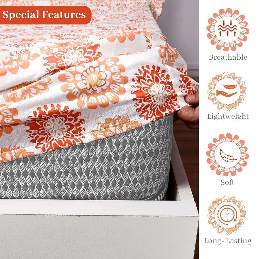 Divine Casa 144 TC 100% Cotton Floral Peach Ultrasoft King Size Bedsheet Cotton Elastic Fitted Pureed Pumpkin