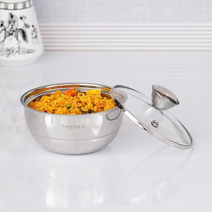 Femora Stainless Steel Double Wall Insulated Curry Server Curry Bowls | 1500 Ml | Set of 3