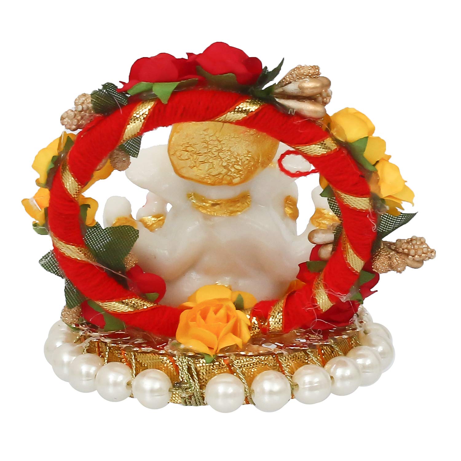 Ecraftindia Resin Lord Ganesha Idol on Decorative Rose Flower Plate | Ganesha Idol for Home Decor