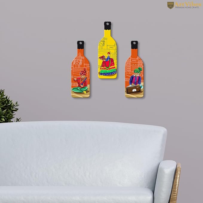 Artvibes Rajashtani Music Culture Wooden Wall Hanging for Home Decor | Set of 3