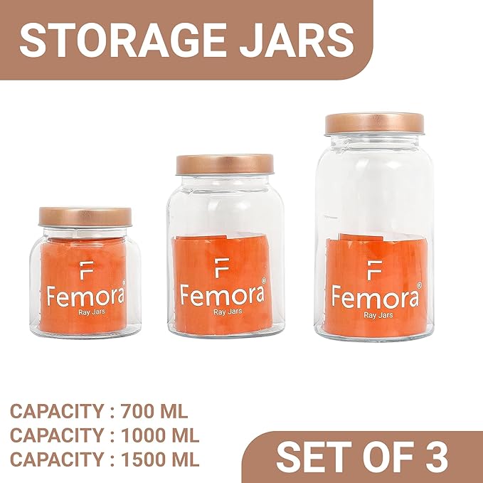 Femora Kitchen Storage Jars Clear Glass Jar With Steel Lid Air Tight Jar | Pack of 3