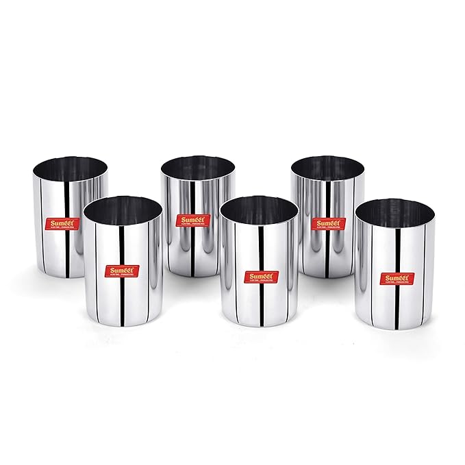 Sumeet Stainless Steel Mirror Finish Circle Shape Heavy Gauge Glass set of 6 Pcs 6.5cm