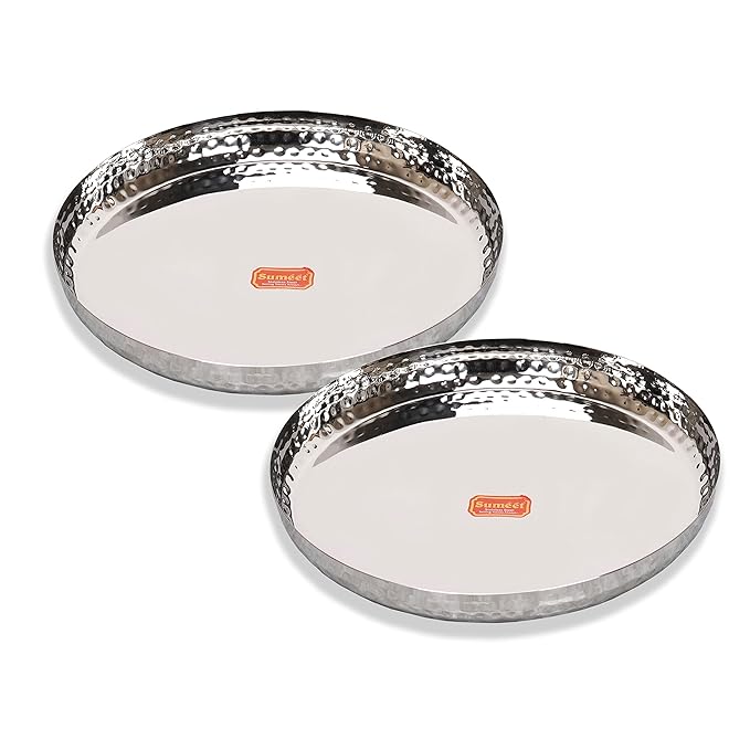 Sumeet Stainless Steel Handcrafted Hammered Texture Heavy Gauge Mirror Finish Royal Dinner Plate set of 2 Pc 29.5cm