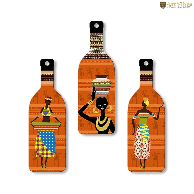 Artvibes African Women Warli Art Wooden Wall Hanging for Home Decor | Set of 3