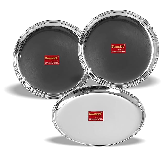 Sumeet Stainless Steel Heavy Gauge Shallow Dinner Plates 23.3cm Set of 3pc