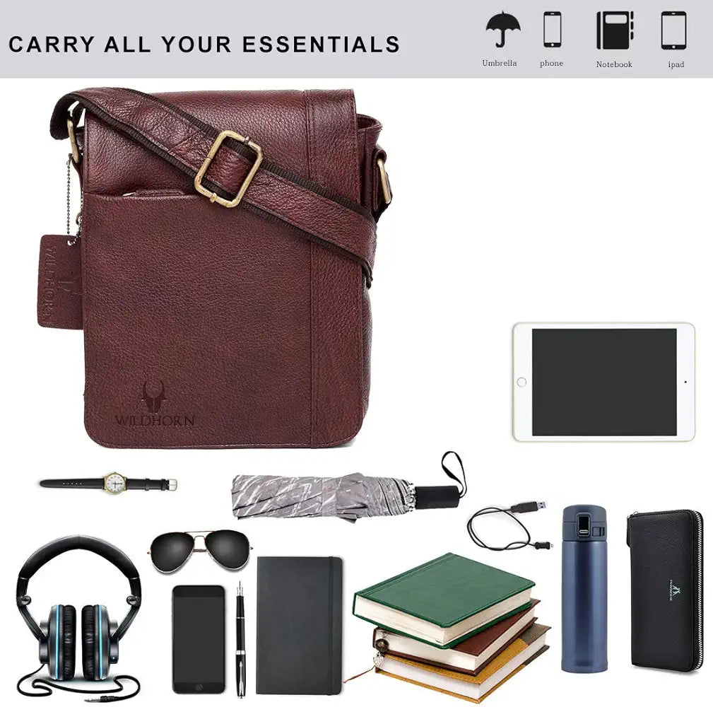 WildHorn Leather 8.5 inch Sling Messenger Bag for Men I Multipurpose Crossbody Bag I Travel Bag with Adjustable Strap I DIMENSION: L- 8.5inch H- 10.5inch W- 3inch
