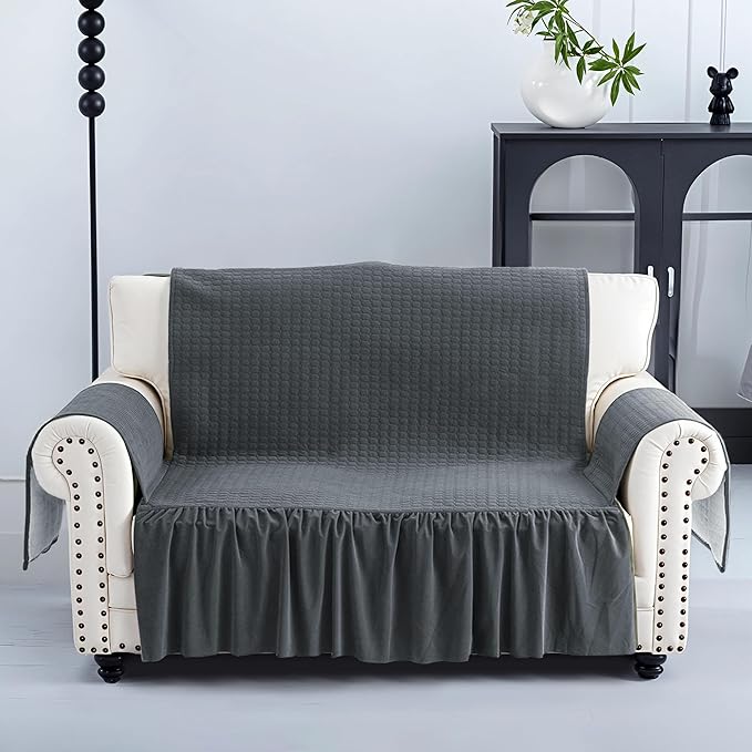 Kuber Industries Soft Velvet Quilted Single Seater Sofa Cover with Pocket Arms Frill Grey