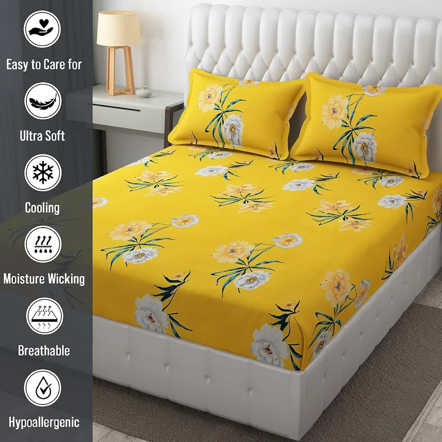 Fresh From Loom Double Bed Floral Design Microfiber King Bedsheet Bedcover Wrinkle Free Includes 2 Pillow Covers 144 TC Peach Yellow