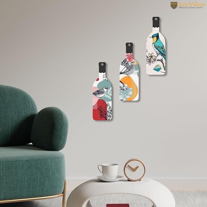 Artvibes Birds on Branch Wooden Wall Hanging for Home Decor | Set of 3