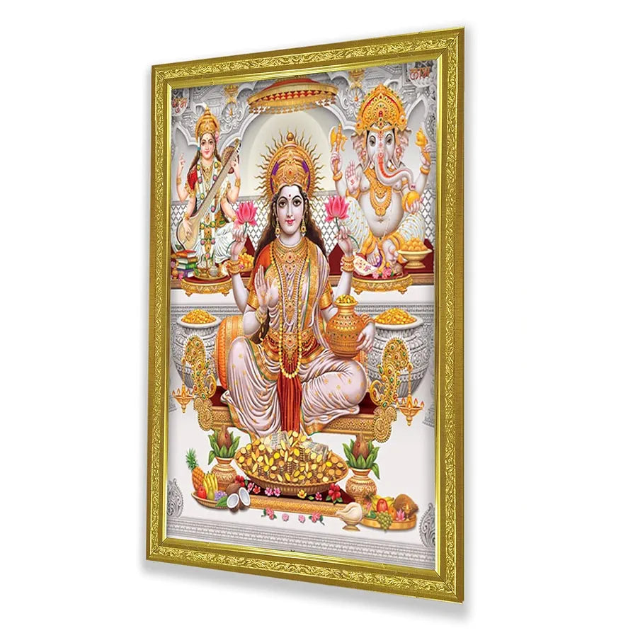 Lifehaxtore Lakshmi With Ganesha and Saraswati Photo Painting with Golden Frame for Temple - Model 2