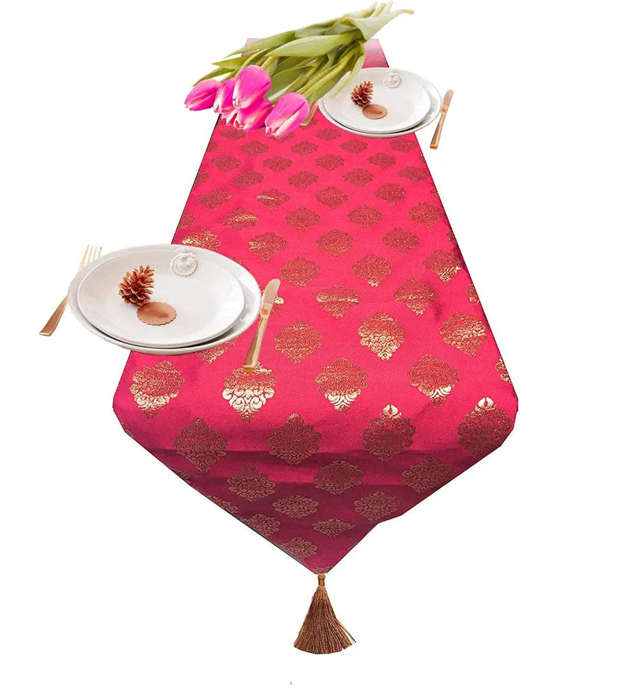 Pink Parrot Jacquard Silk Table Runner Colour Red