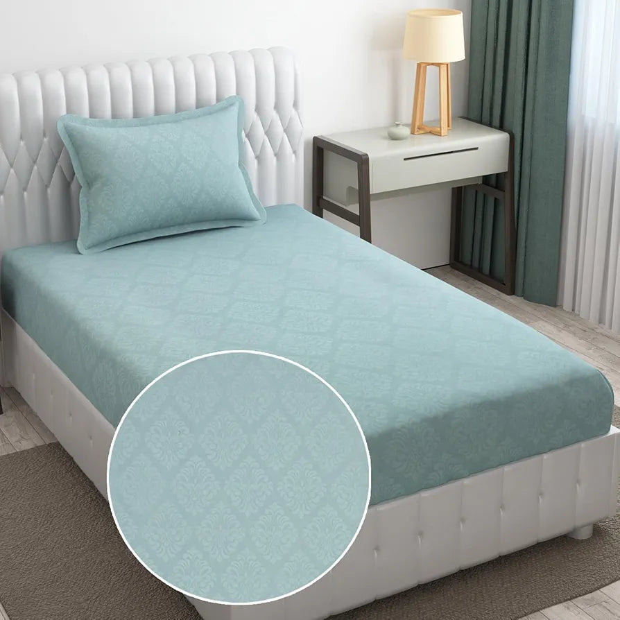 Fresh From Loom Microfiber Rotary Printed Bed Sheet Single Bedsheet with 1 Pillow Covers 144 TC Turquoise Damas