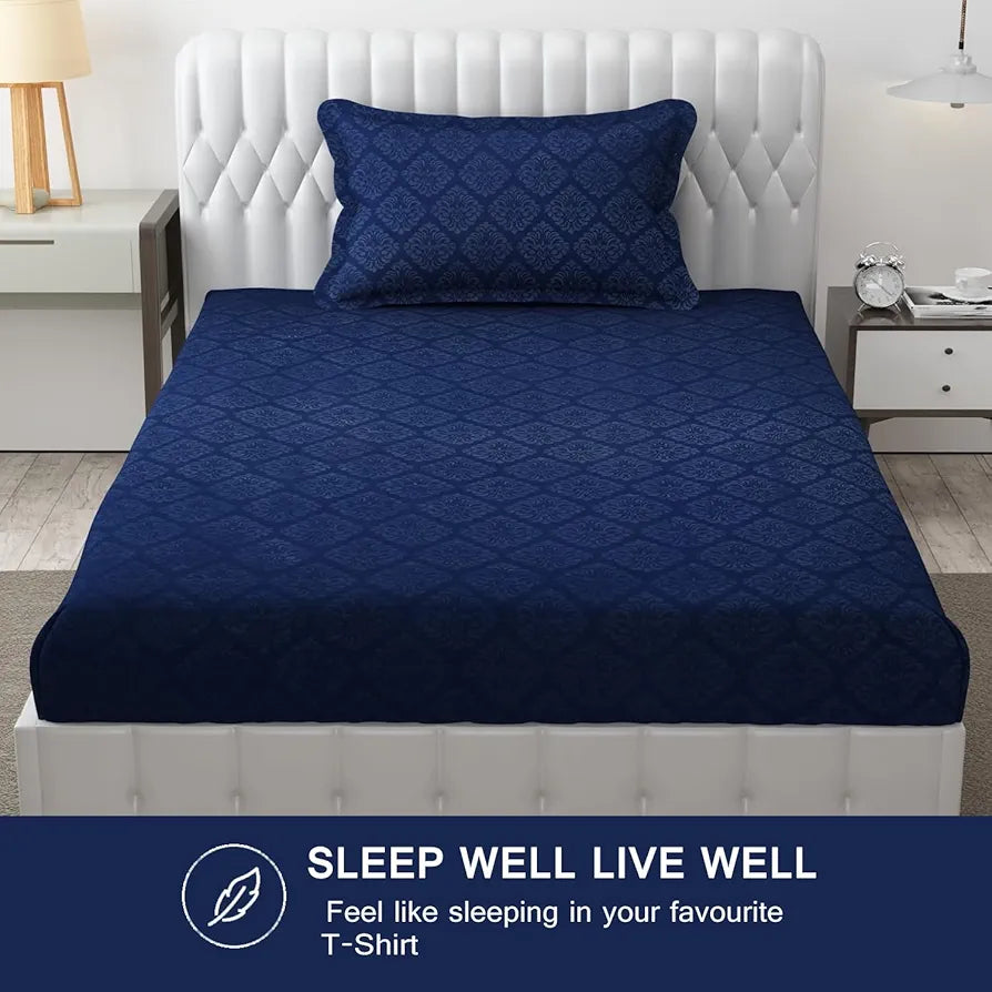 Fresh From Loom Hypoallergenic Rotary Printed Double Bedsheet Single Bedsheet With 1 Pillow Covers 144 TC Navy-Blue Damas