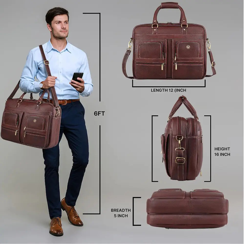 WildHorn Leather 15.6 inch Laptop Messenger Bag for Men I Multi- Pockets I Extra Storage I Carry Handles I Adjustable Strap