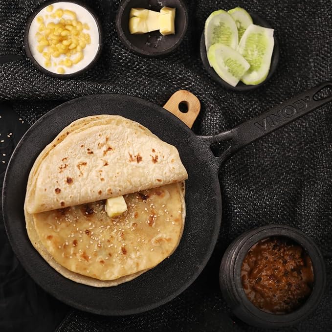 Vinod Legacy Pre Seasoned Cast Iron Roti/Chapati/Phulka Tawa with Handle - 26 cm | Naturally Non Stick Tawa