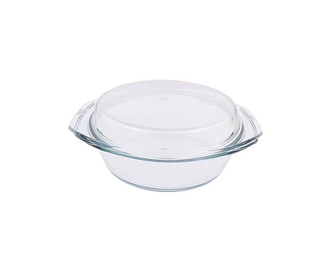 Borosil Solid Glass Casserole Oven and Microwave Safe Serving Bowl with Lid | Transparent | 2 Litres