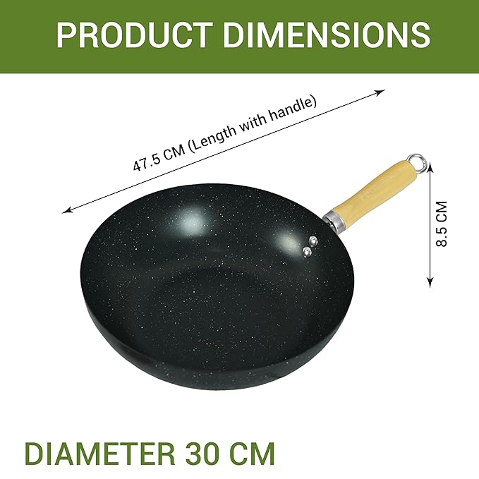 Femora Carbon Steel Wok 30 Cm With Wooden Handle | 3 Layer Non-stick Coating Wok | Black
