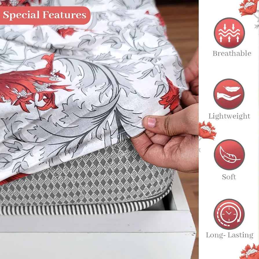 Divine Casa 144TC 100% Cotton Fitted Bedsheets Queen Size Printed Double King Bed Size Elasticated Fitted Bedspread with 2 Pillow Covers Colour Red Mist